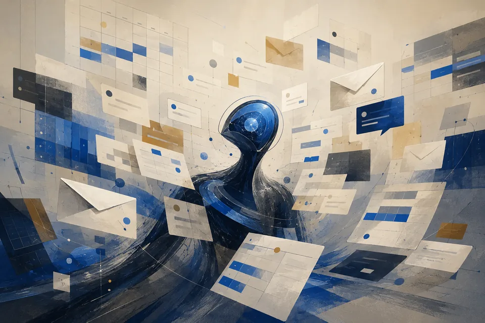 Editorial illustration of an AI figure surrounded by calendars, messages and meeting invitations.