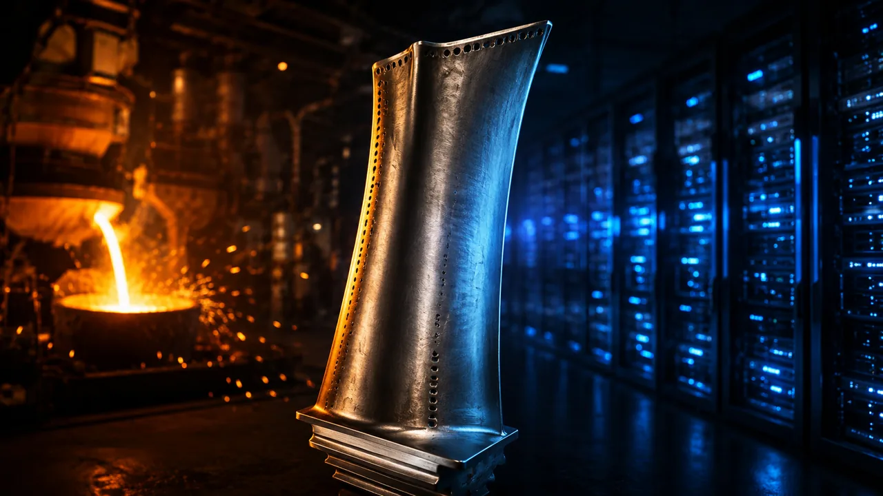 Conceptual illustration of a turbine blade between an industrial foundry and data-center servers.