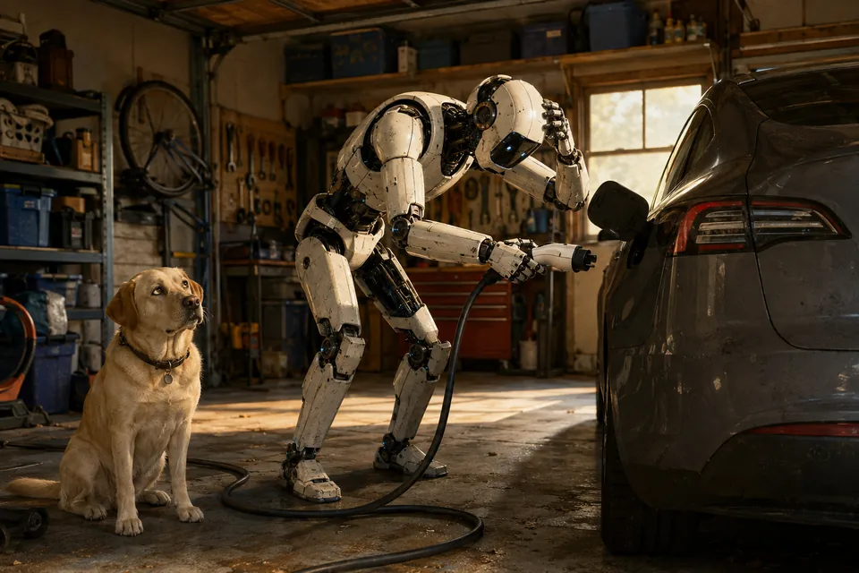 AI-generated editorial illustration of a humanoid robot handling an EV charger beside a Labrador in a cluttered garage.