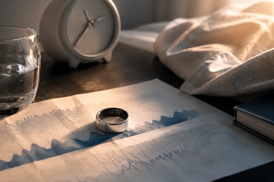 AI-generated editorial illustration of a smart ring resting on a sleep chart beside a bedside clock.